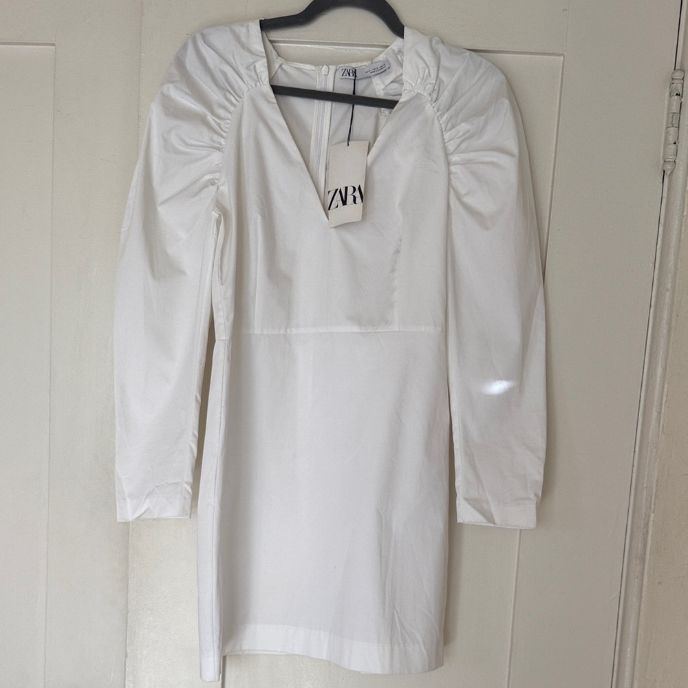 Zara Elegant White Ruched Sleeve Dress